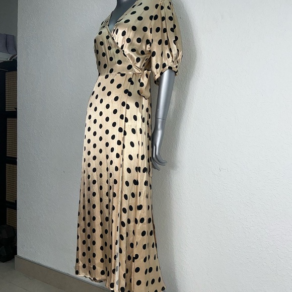 Zara Gold Maxi Dress with Black Polka Dots in silky wrap around fabric-PERFECT - Picture 2 of 6